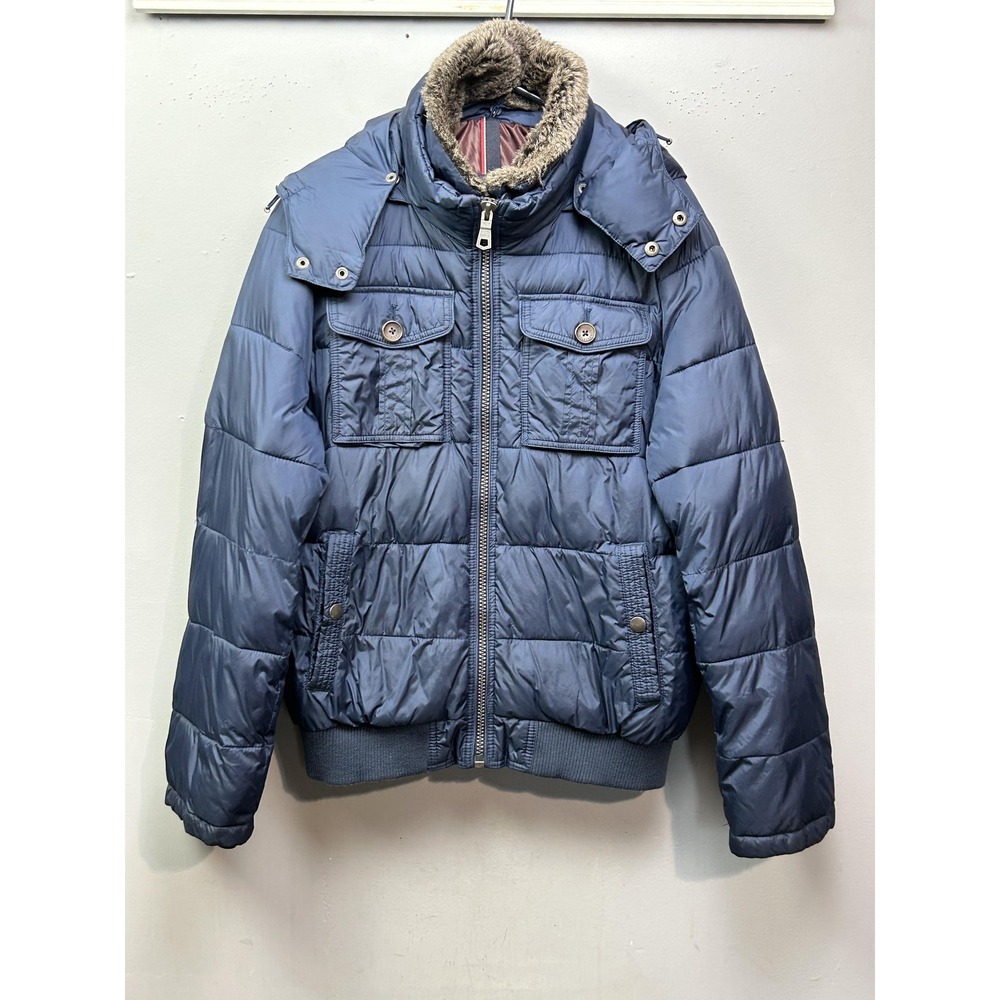 Tommy Hilfiger Jacket Womens Medium Blue Hooded Puffer Faux Fur Lined Winter Zip